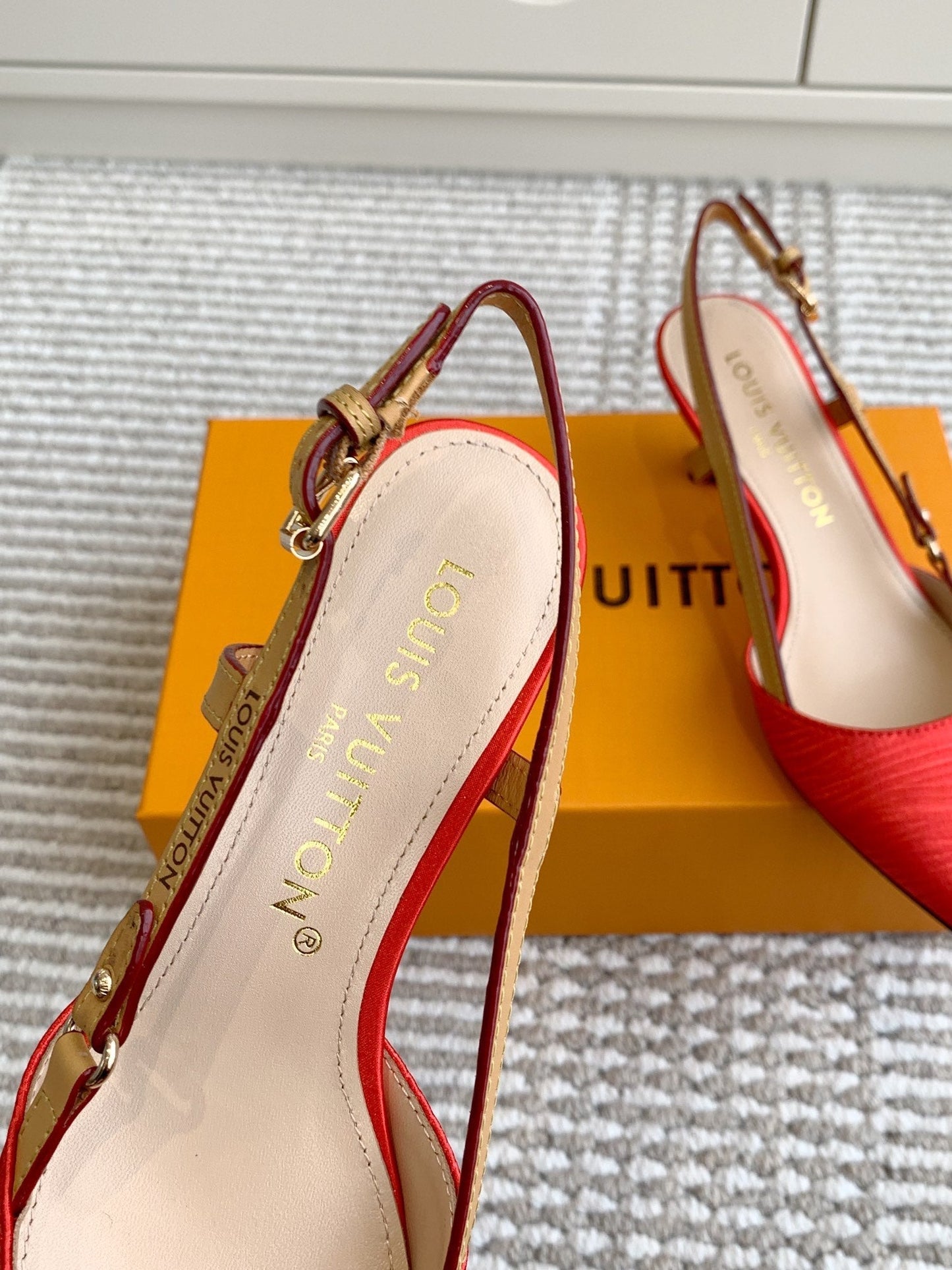 BLOSSOM SLINGBACKS 55 MM IN CHERRY RED IMPORTED STRIPED SILK SATIN - 35
