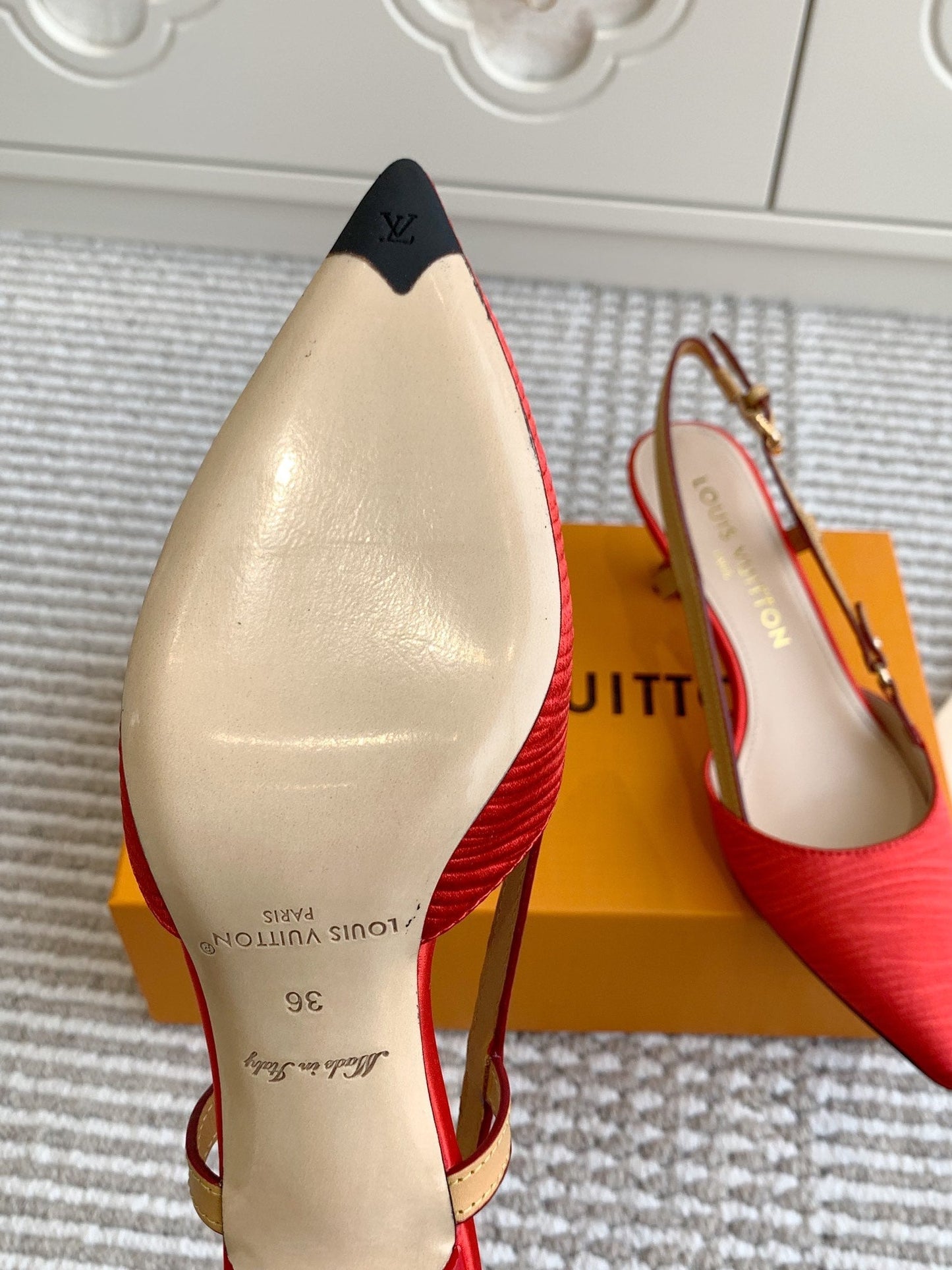 BLOSSOM SLINGBACKS 55 MM IN CHERRY RED IMPORTED STRIPED SILK SATIN - 35