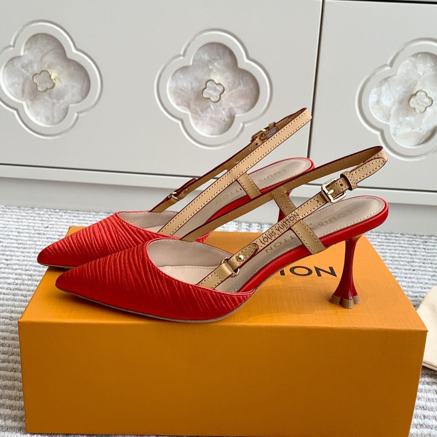 BLOSSOM SLINGBACKS 75 MM IN CHERRY RED IMPORTED STRIPED SILK SATIN - 35