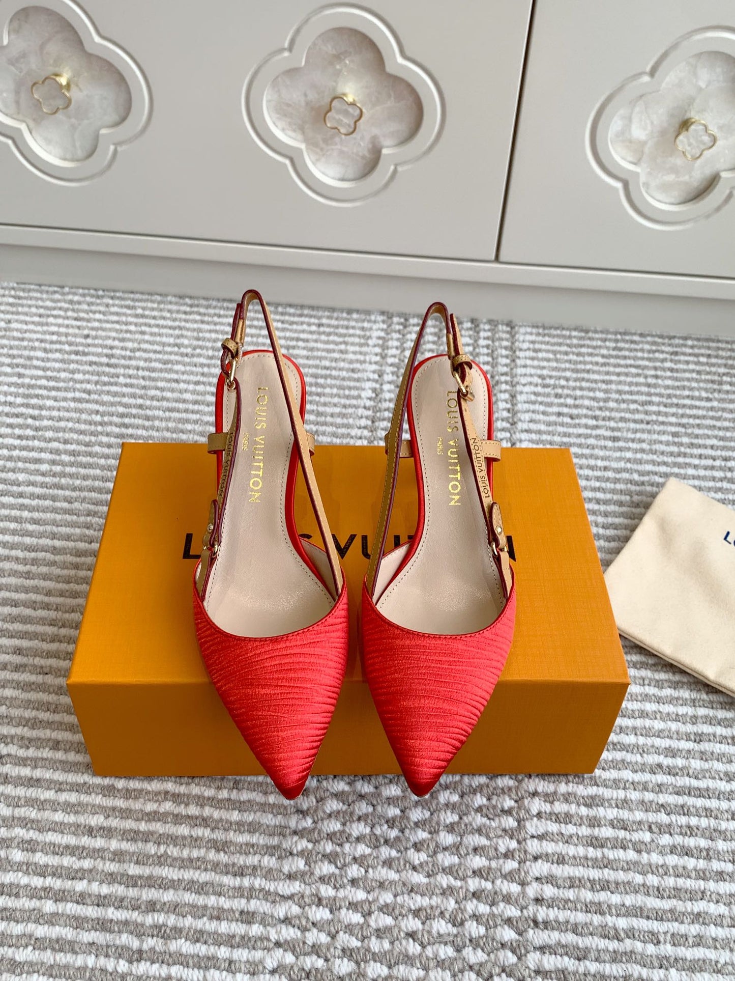 BLOSSOM SLINGBACKS 75 MM IN CHERRY RED IMPORTED STRIPED SILK SATIN - 35