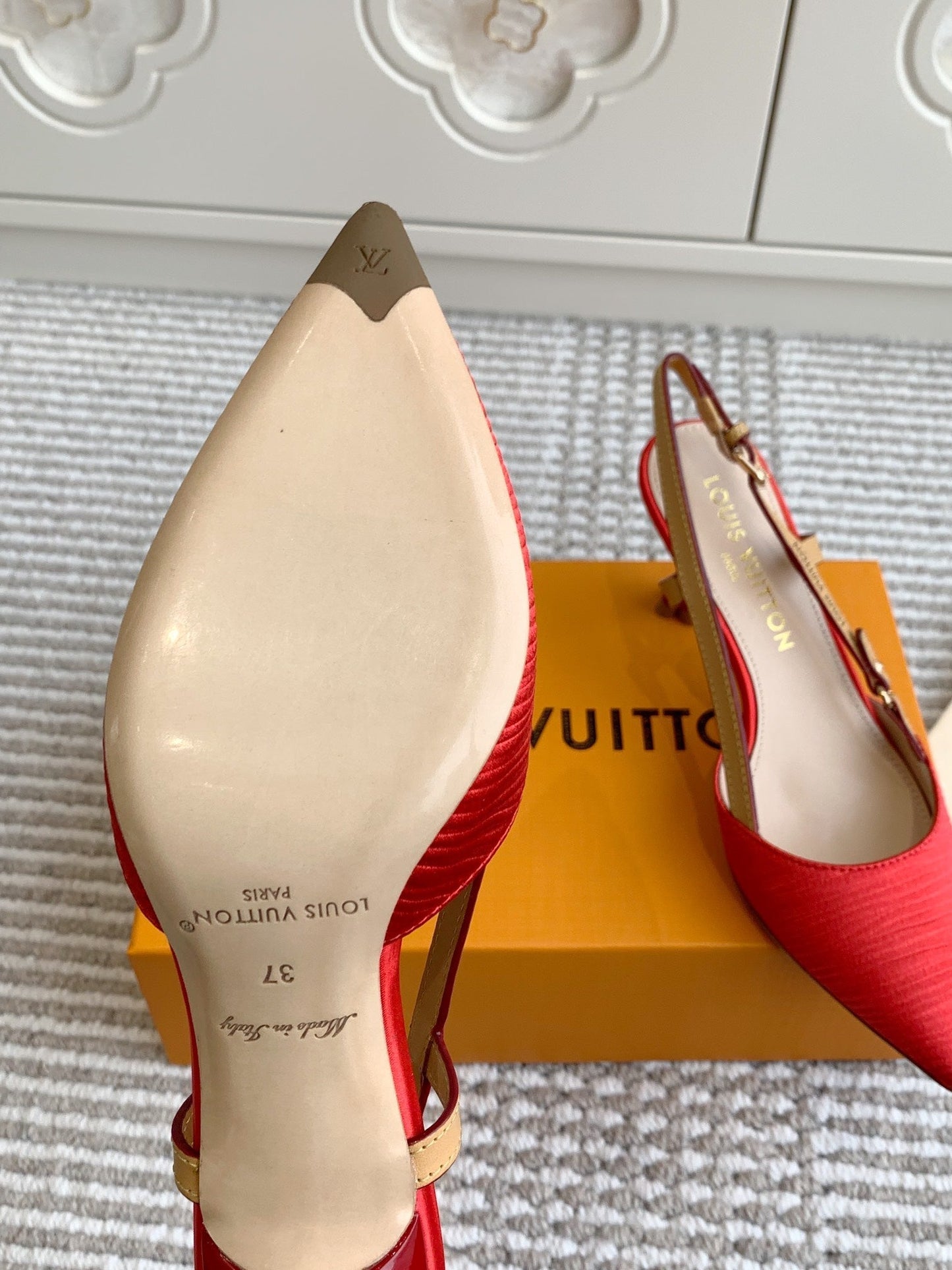 BLOSSOM SLINGBACKS 75 MM IN CHERRY RED IMPORTED STRIPED SILK SATIN - 35