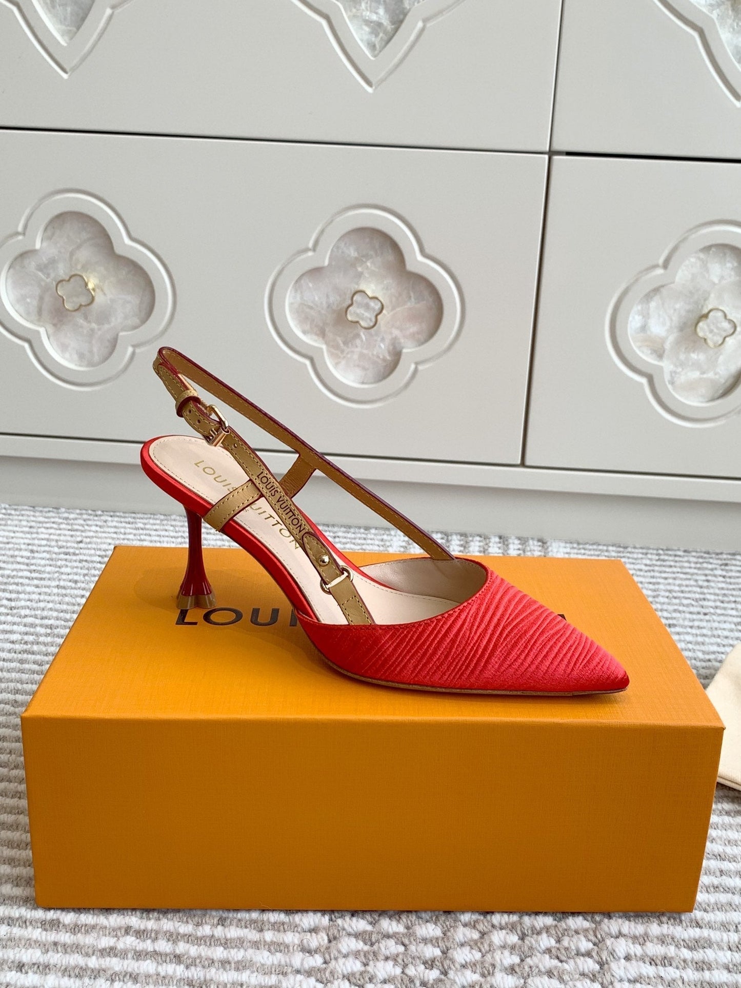 BLOSSOM SLINGBACKS 75 MM IN CHERRY RED IMPORTED STRIPED SILK SATIN - 35