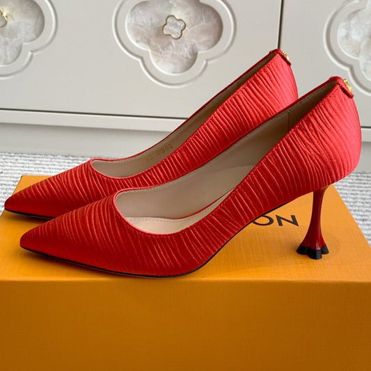 BLOSSOM PUMP 75 MM IN CHERRY RED IMPORTED STRIPED SILK SATIN - 35