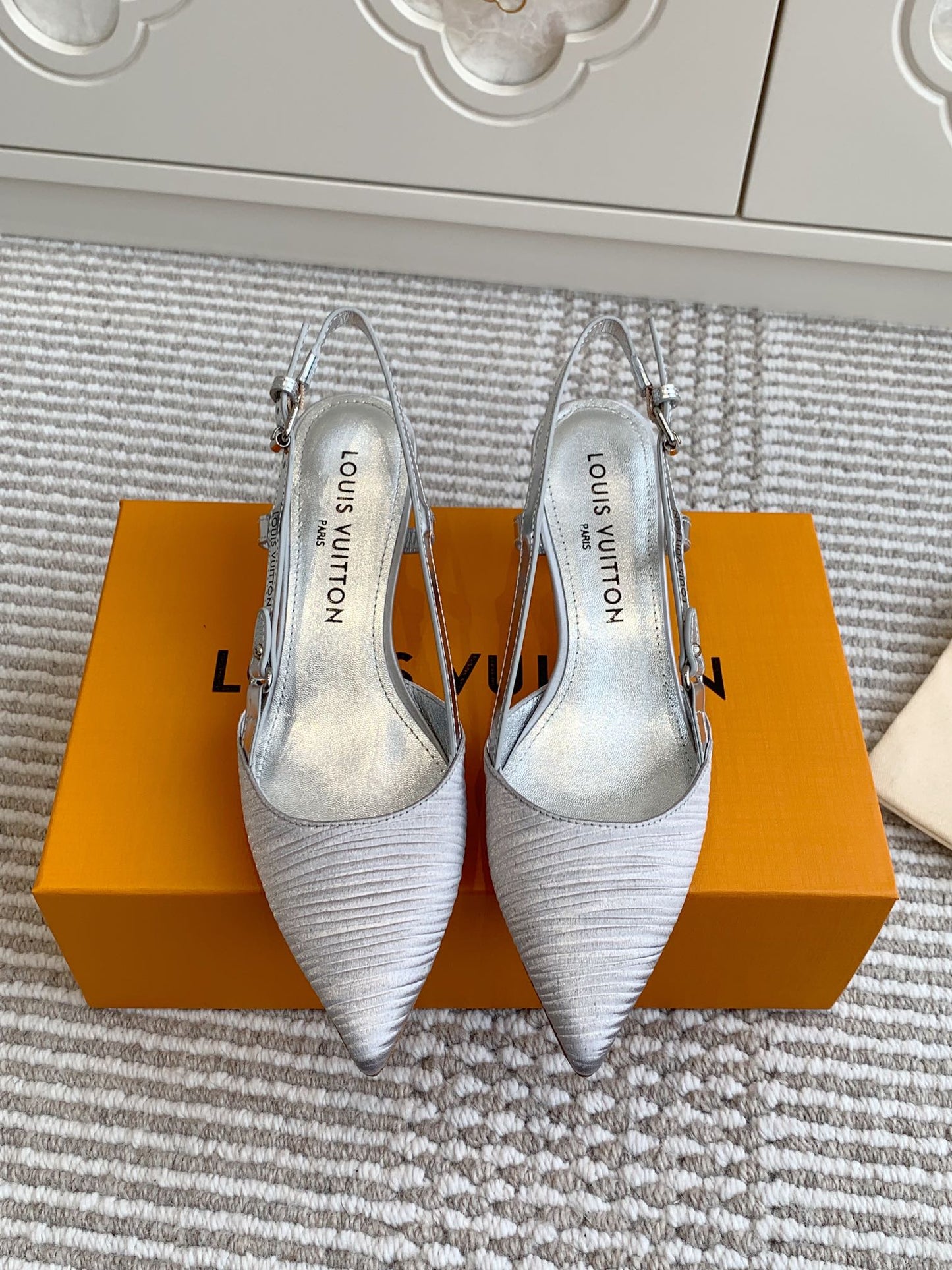 BLOSSOM SLINGBACKS 55 MM IN SILVER IMPORTED STRIPED SILK SATIN - 35