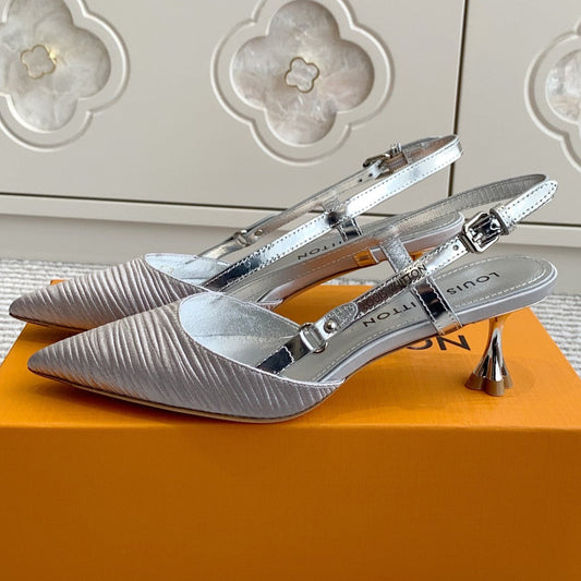 BLOSSOM SLINGBACKS 55 MM IN SILVER IMPORTED STRIPED SILK SATIN - 35