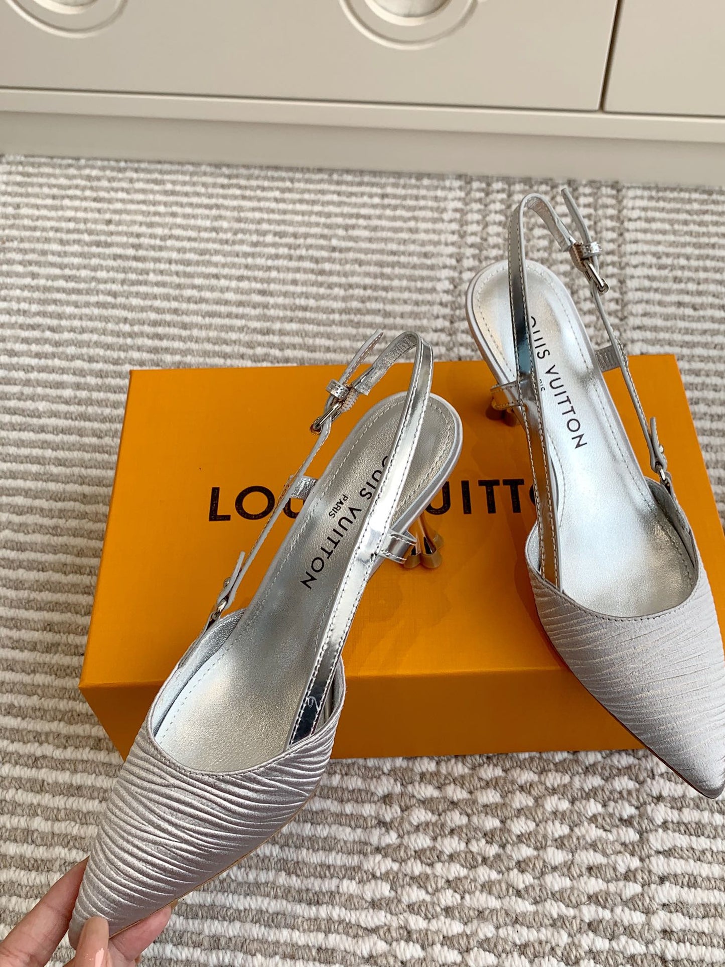 BLOSSOM SLINGBACKS 75 MM IN SILVER IMPORTED STRIPED SILK SATIN - 35