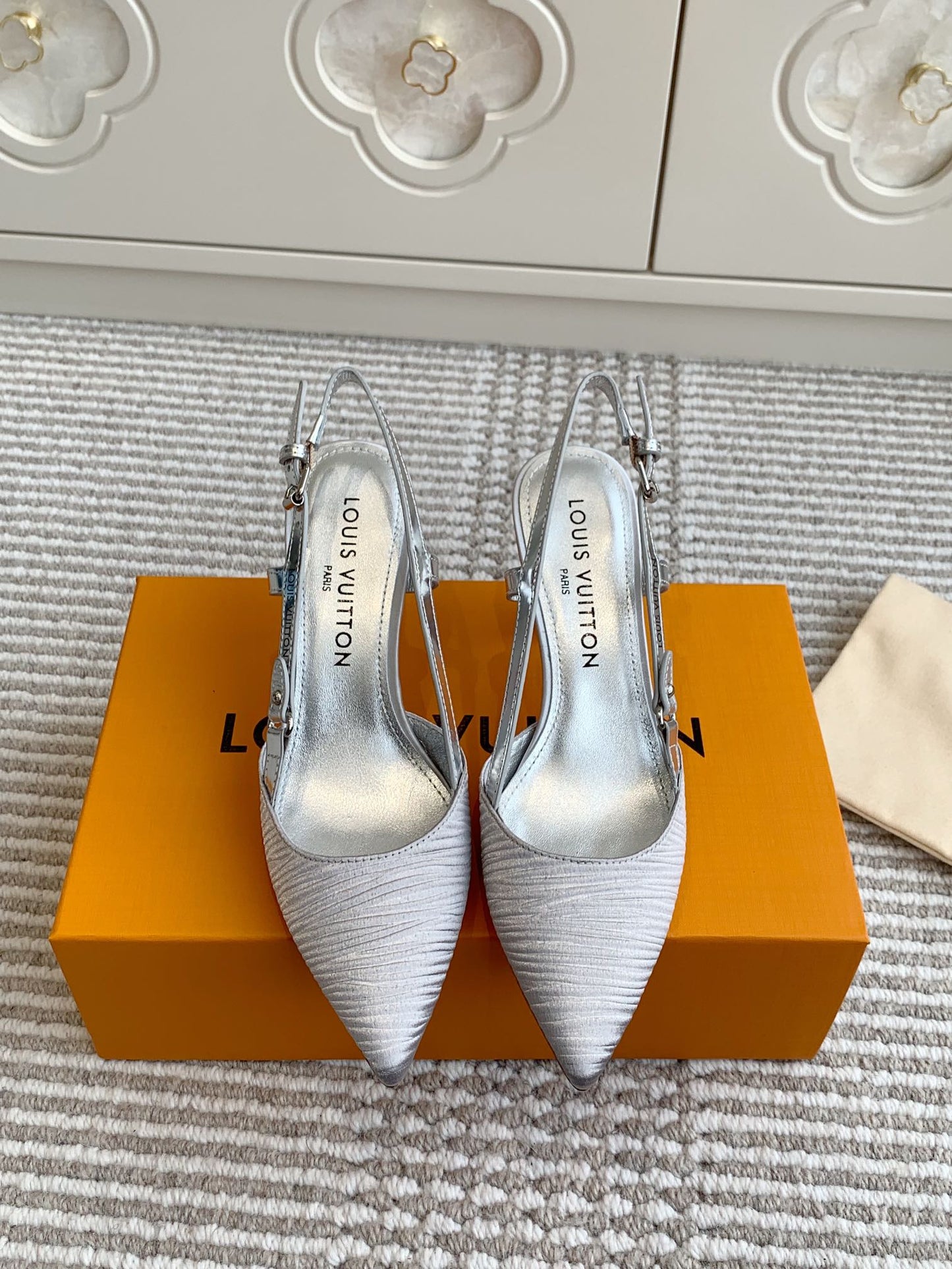 BLOSSOM SLINGBACKS 75 MM IN SILVER IMPORTED STRIPED SILK SATIN - 35