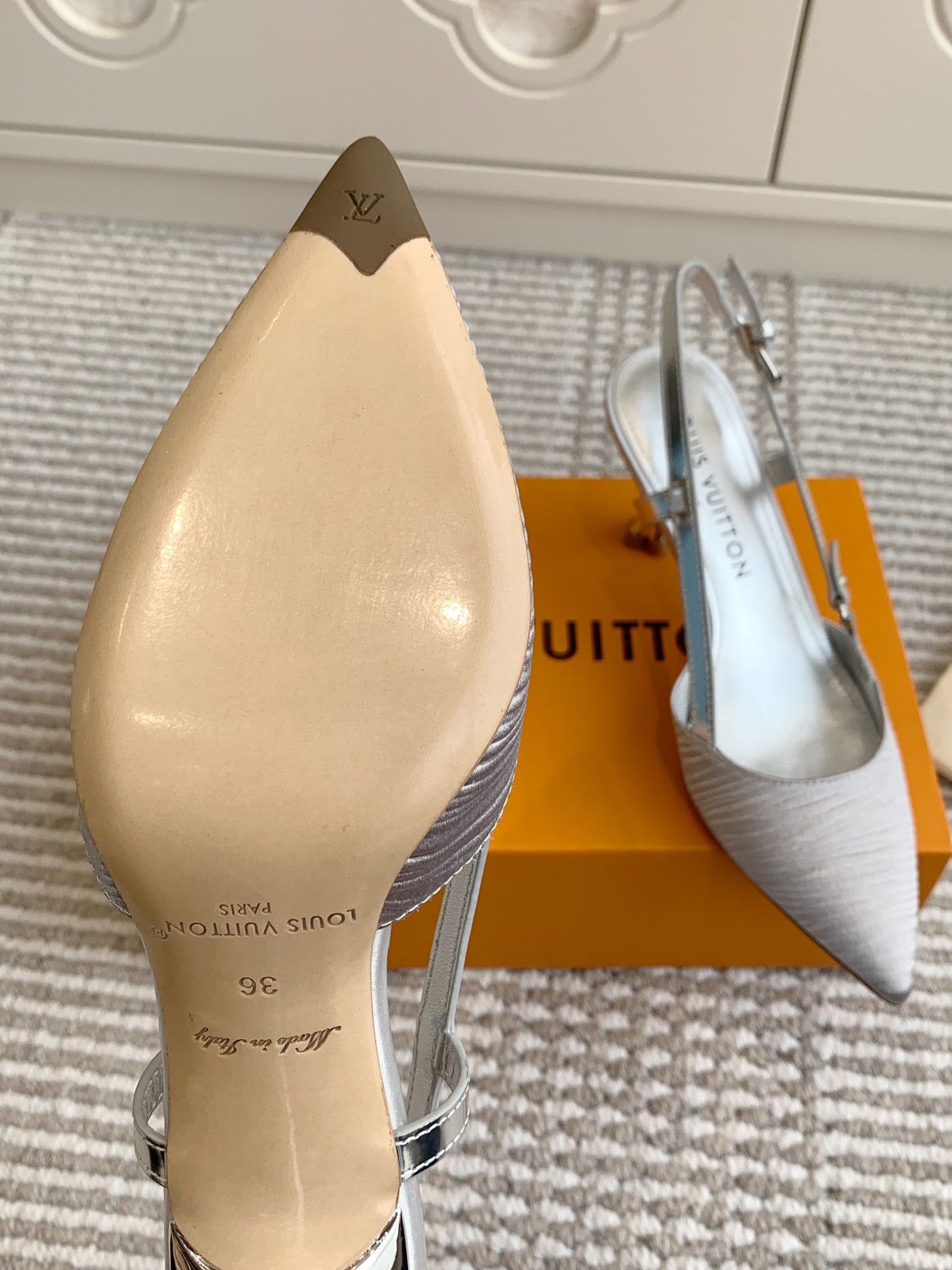 BLOSSOM SLINGBACKS 75 MM IN SILVER IMPORTED STRIPED SILK SATIN - 35