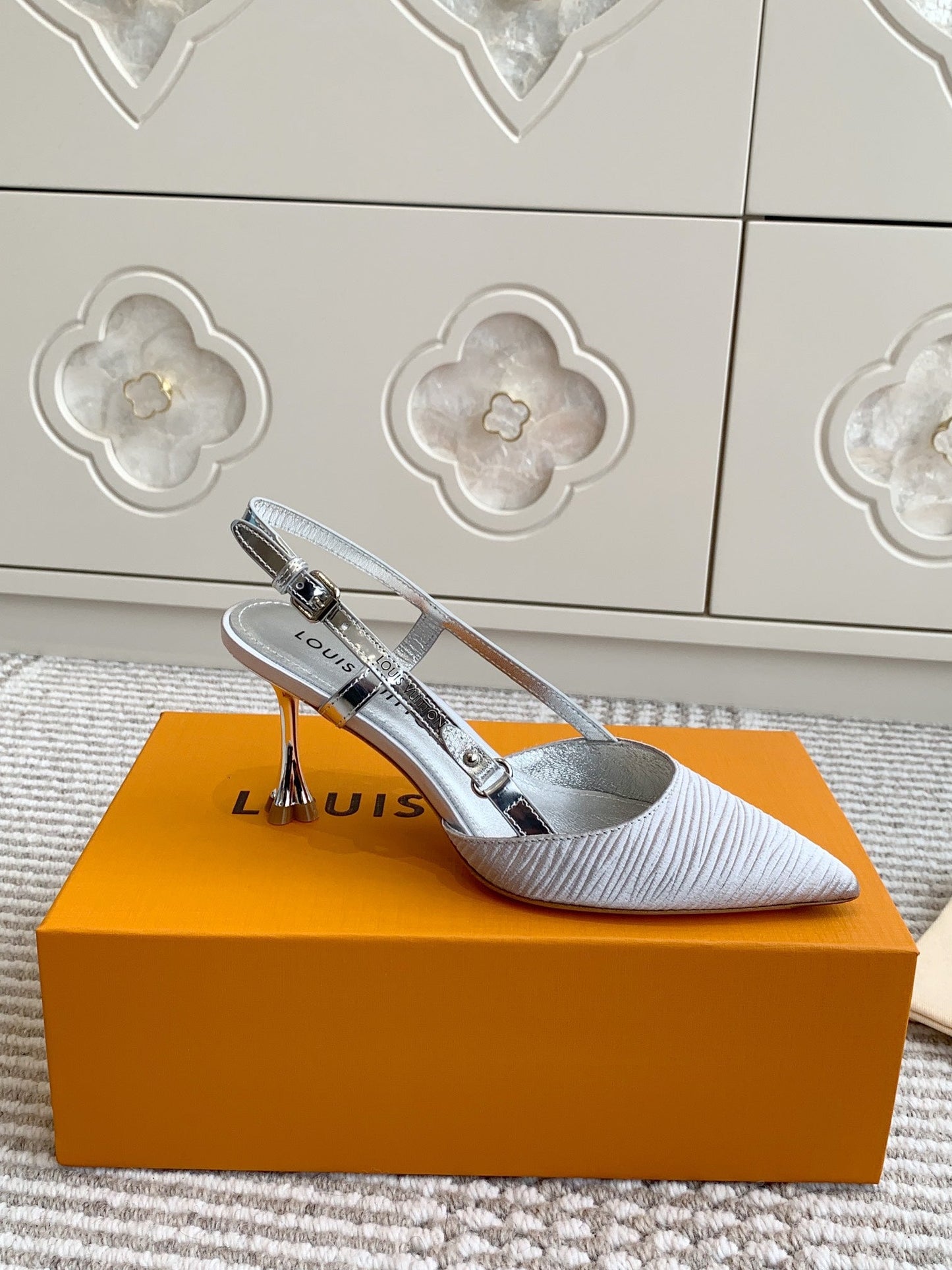 BLOSSOM SLINGBACKS 75 MM IN SILVER IMPORTED STRIPED SILK SATIN - 35