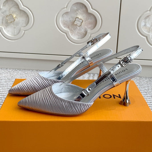 BLOSSOM SLINGBACKS 75 MM IN SILVER IMPORTED STRIPED SILK SATIN - 35