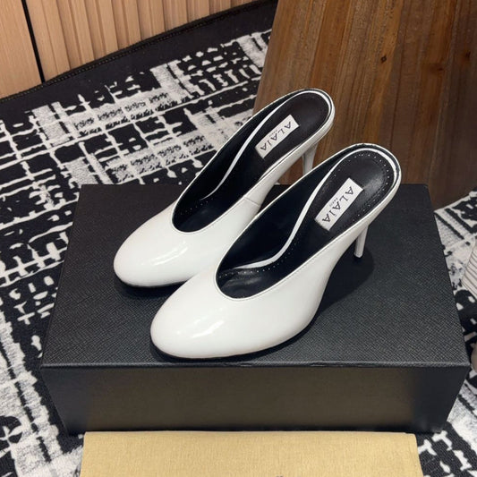 HIGH-HEEL 10 CM MULES IN WHITE PATENT CALFSKIN - 35