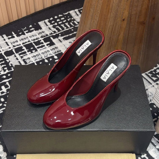 HIGH-HEEL 10 CM MULES IN BERRY RED PATENT CALFSKIN - 35