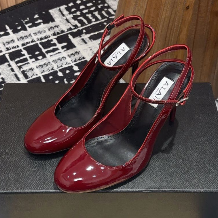 SLINGBACK HEEL 10 CM IN BERRY RED PATENT CALFSKIN - 35