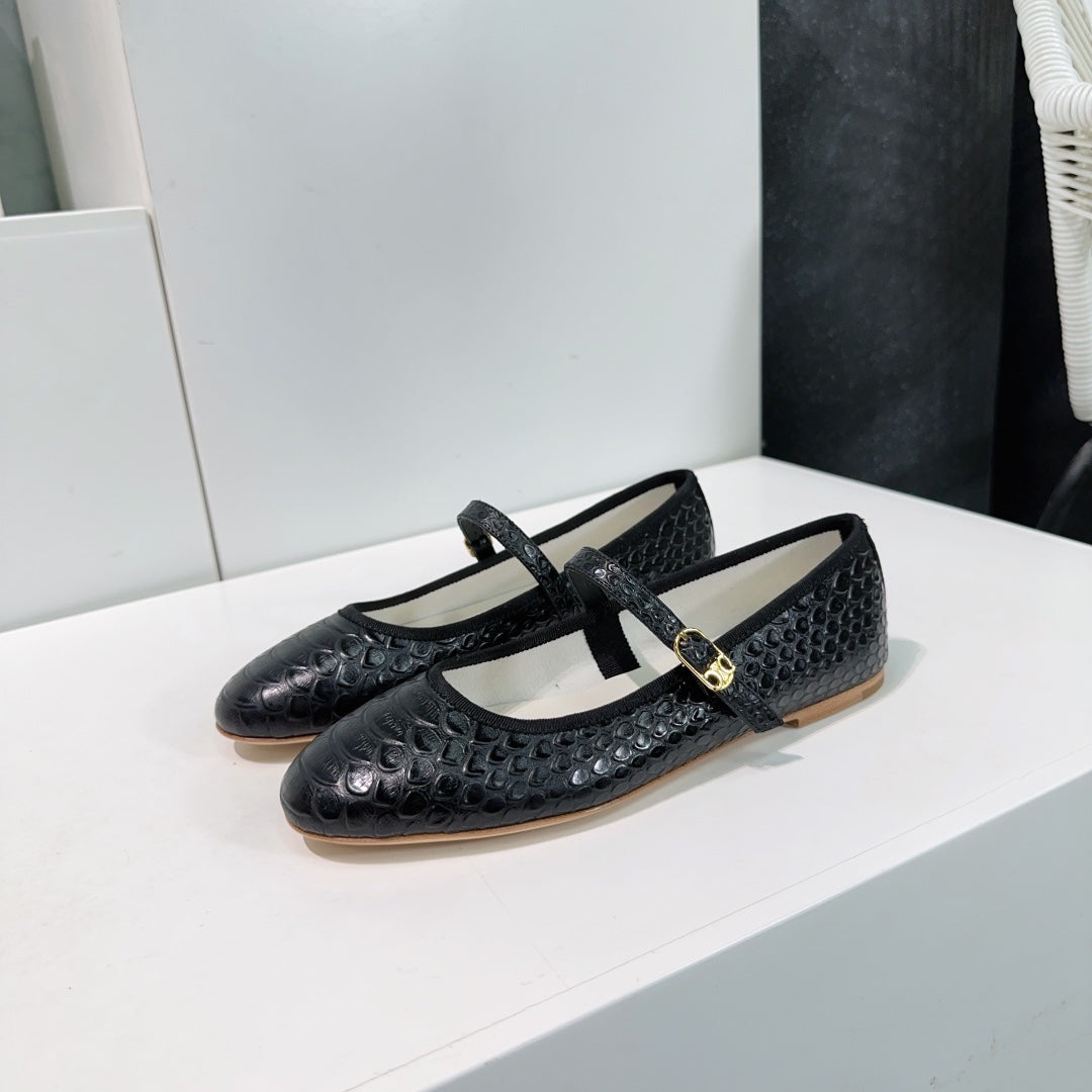 BLACK PYTHON PRINT LEATHER BALLET FLATS - 35