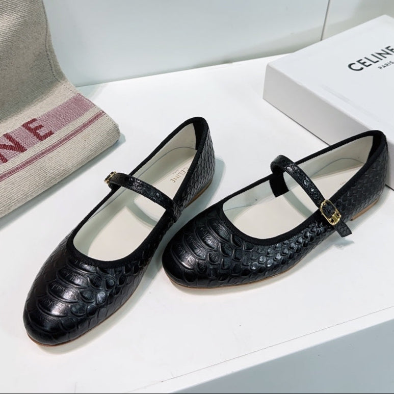 BLACK PYTHON PRINT LEATHER BALLET FLATS - 35