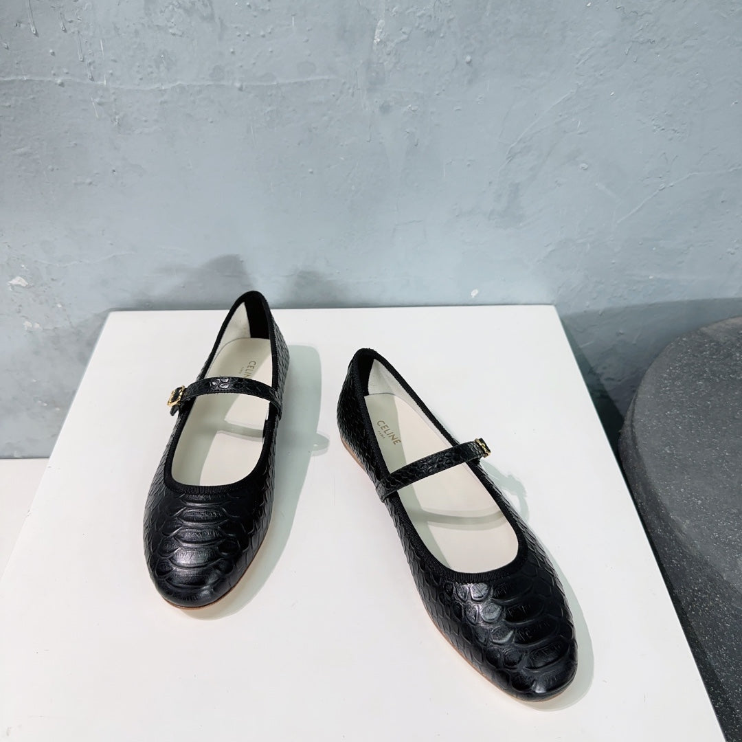 BLACK PYTHON PRINT LEATHER BALLET FLATS - 35