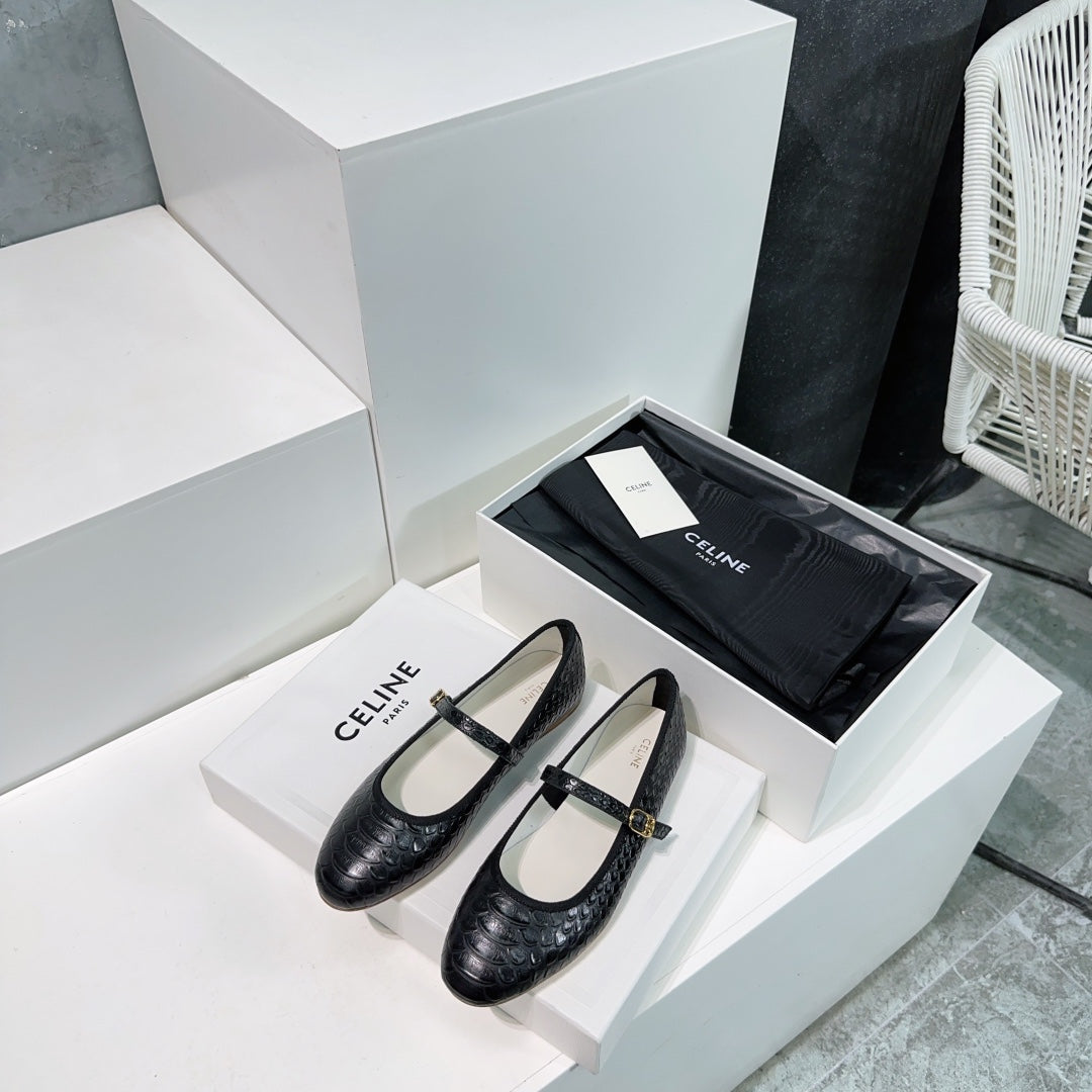BLACK PYTHON PRINT LEATHER BALLET FLATS - 35