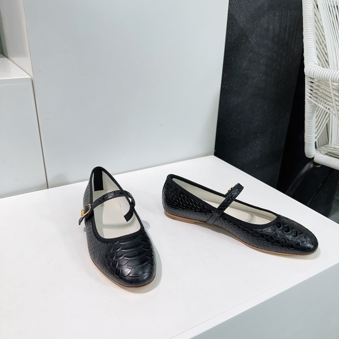 BLACK PYTHON PRINT LEATHER BALLET FLATS - 35