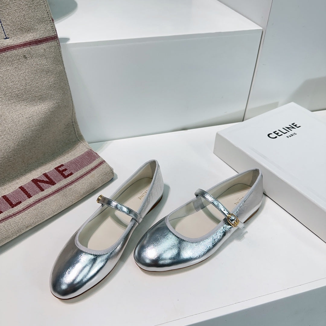 MARRY JANE FLAT IN SILVER CALFSKIN - 35