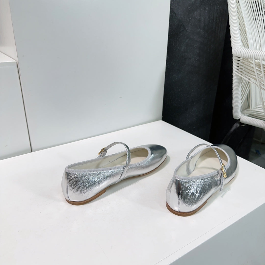 MARRY JANE FLAT IN SILVER CALFSKIN - 35