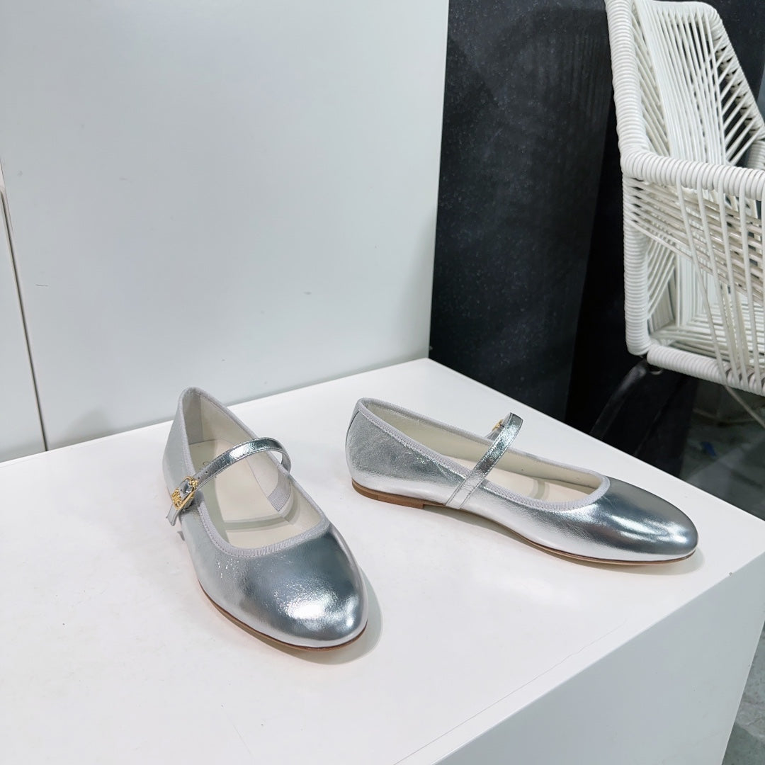 MARRY JANE FLAT IN SILVER CALFSKIN - 35