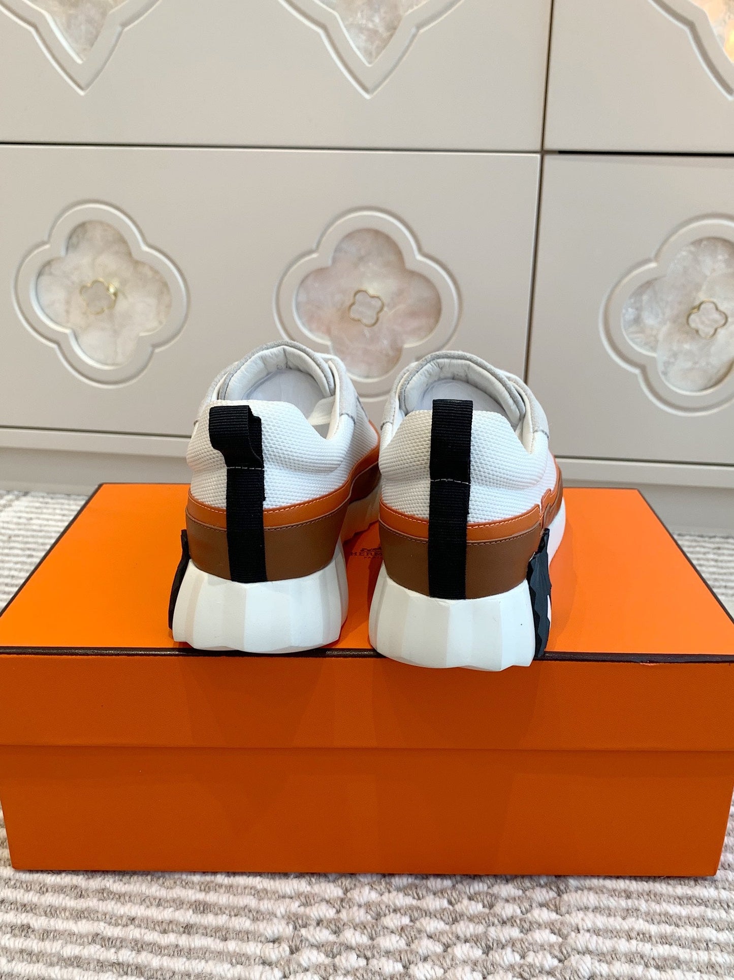 BOUNCING SNEAKER IN WHITE GRAPHIC MESH AND BRONZE BROWN CALFSKIN - 35
