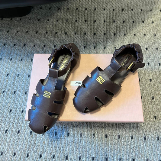 MIUMIU 26S FISHERMAN SANDALS IN DARK BROWN RUCHES NAPPA CALFSKIN
