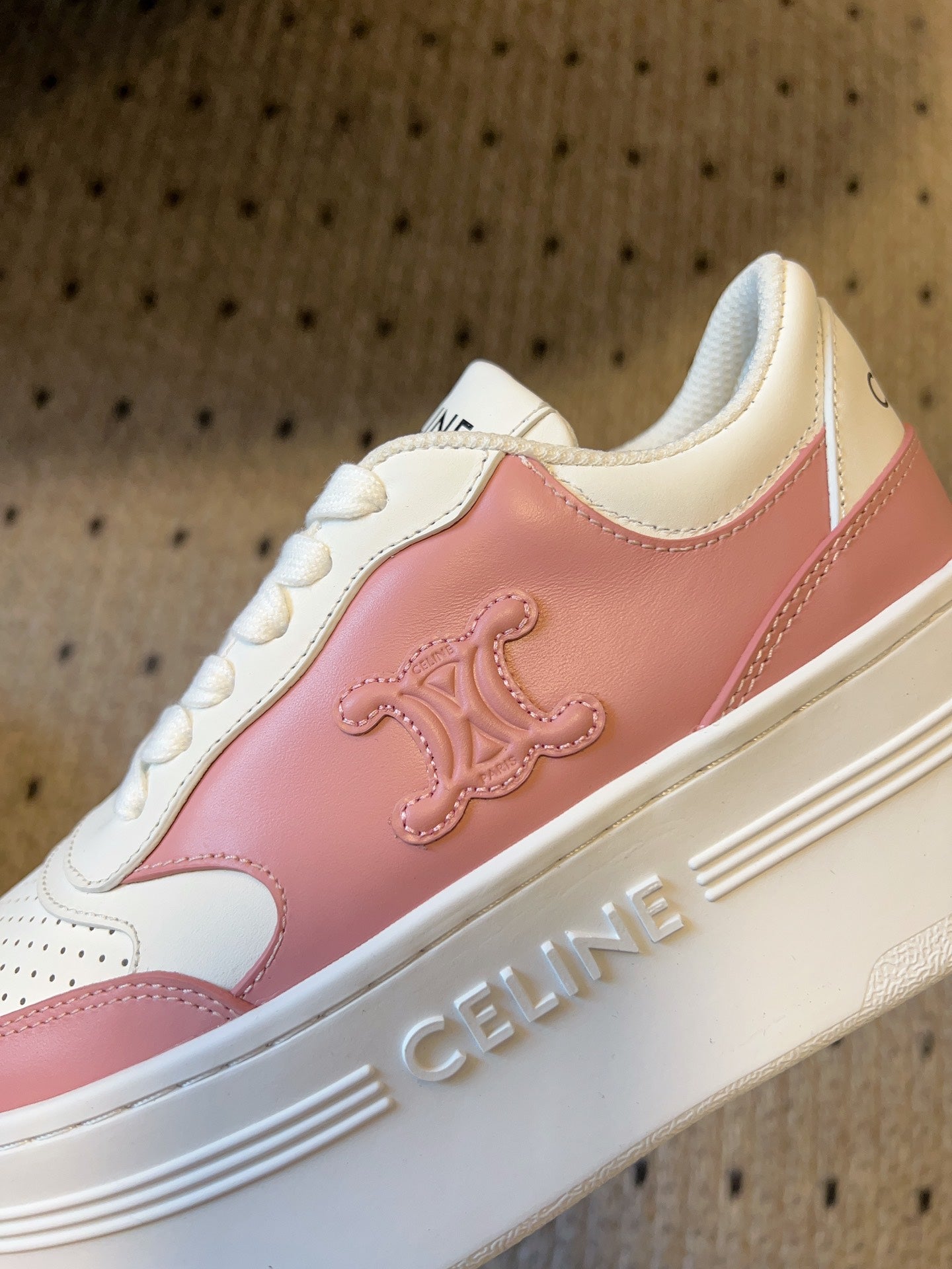 BLOCK SNEAKER WITH TRIOMPHE IN WHITE MIX BABY PINK CALFSKIN - 35