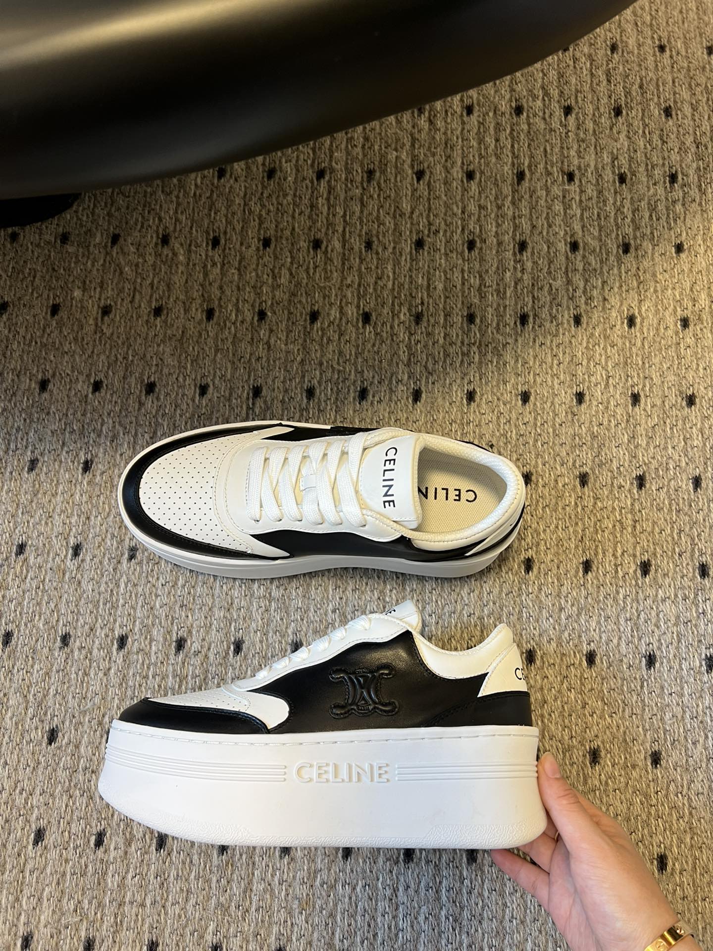 BLOCK SNEAKER WITH TRIOMPHE IN WHITE MIX BLACK CALFSKIN - 35