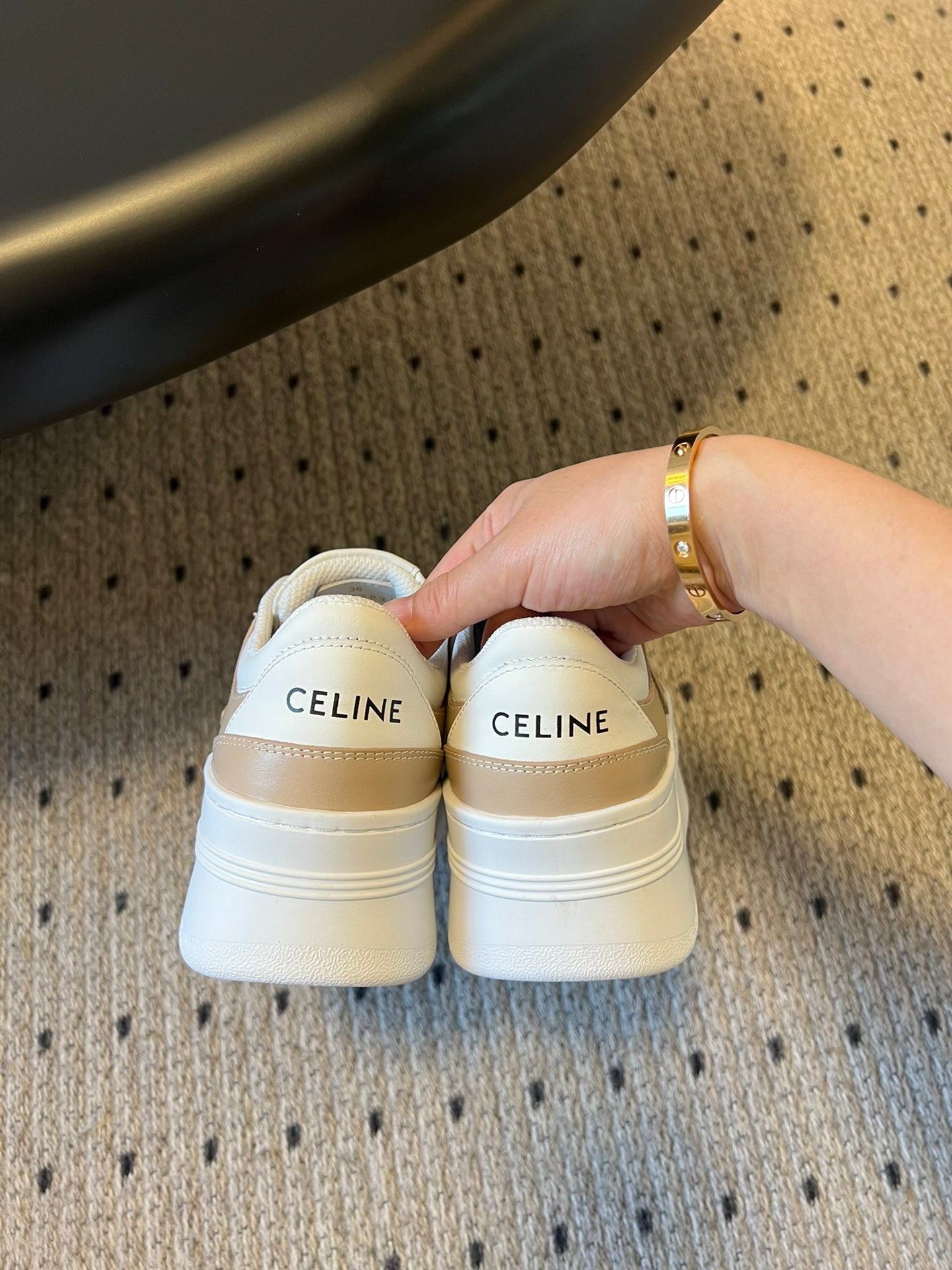 BLOCK SNEAKER WITH TRIOMPHE IN WHITE MIX SAND BROWN CALFSKIN - 35