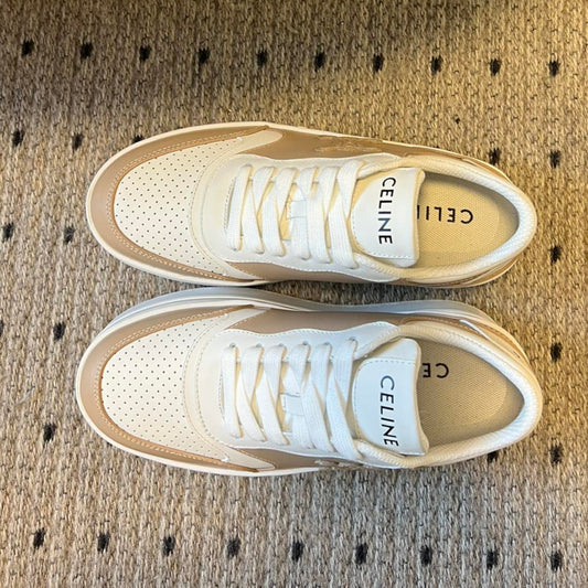 BLOCK SNEAKER WITH TRIOMPHE IN WHITE MIX SAND BROWN CALFSKIN - 35