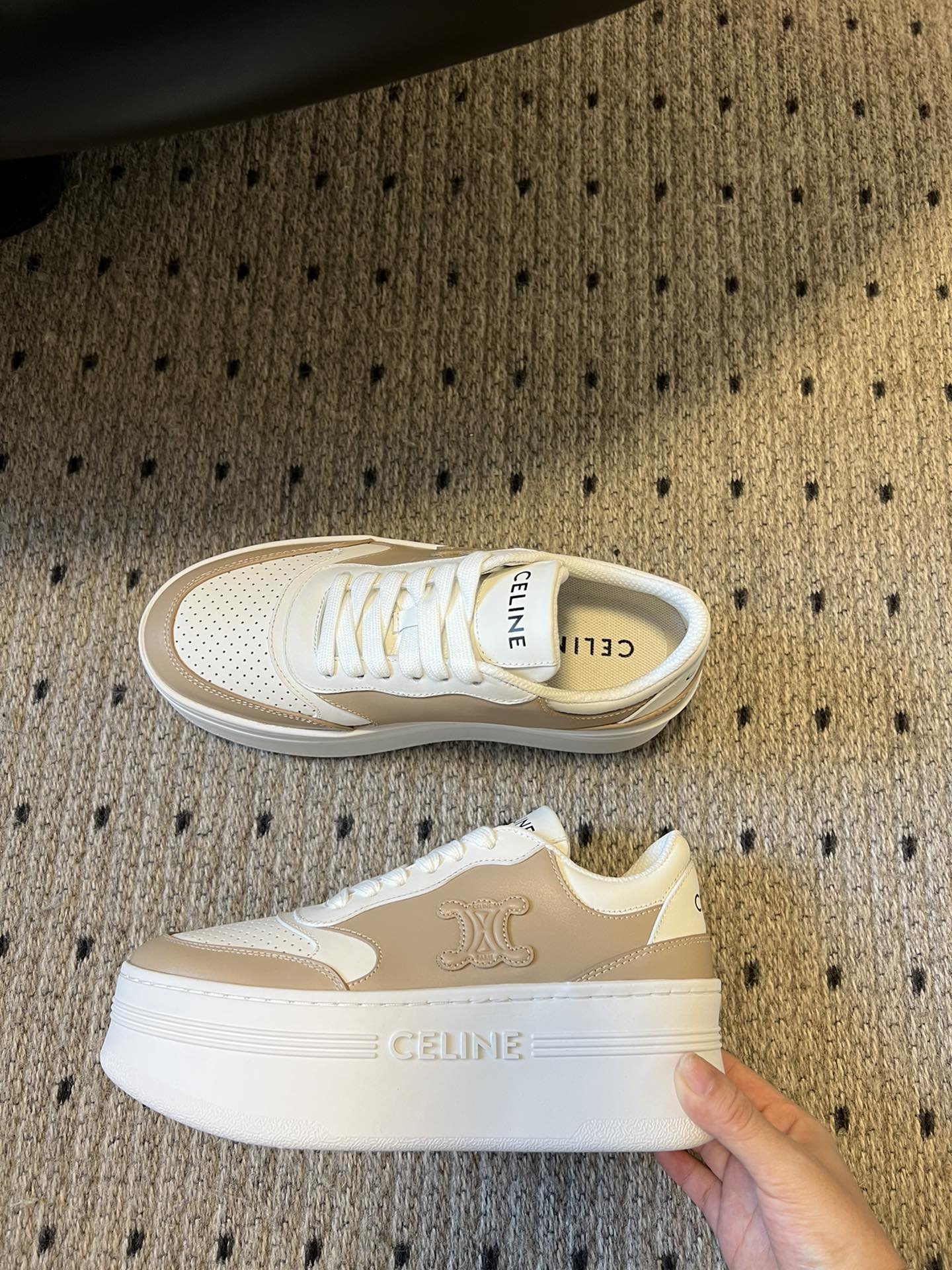 BLOCK SNEAKER WITH TRIOMPHE IN WHITE MIX SAND BROWN CALFSKIN - 35
