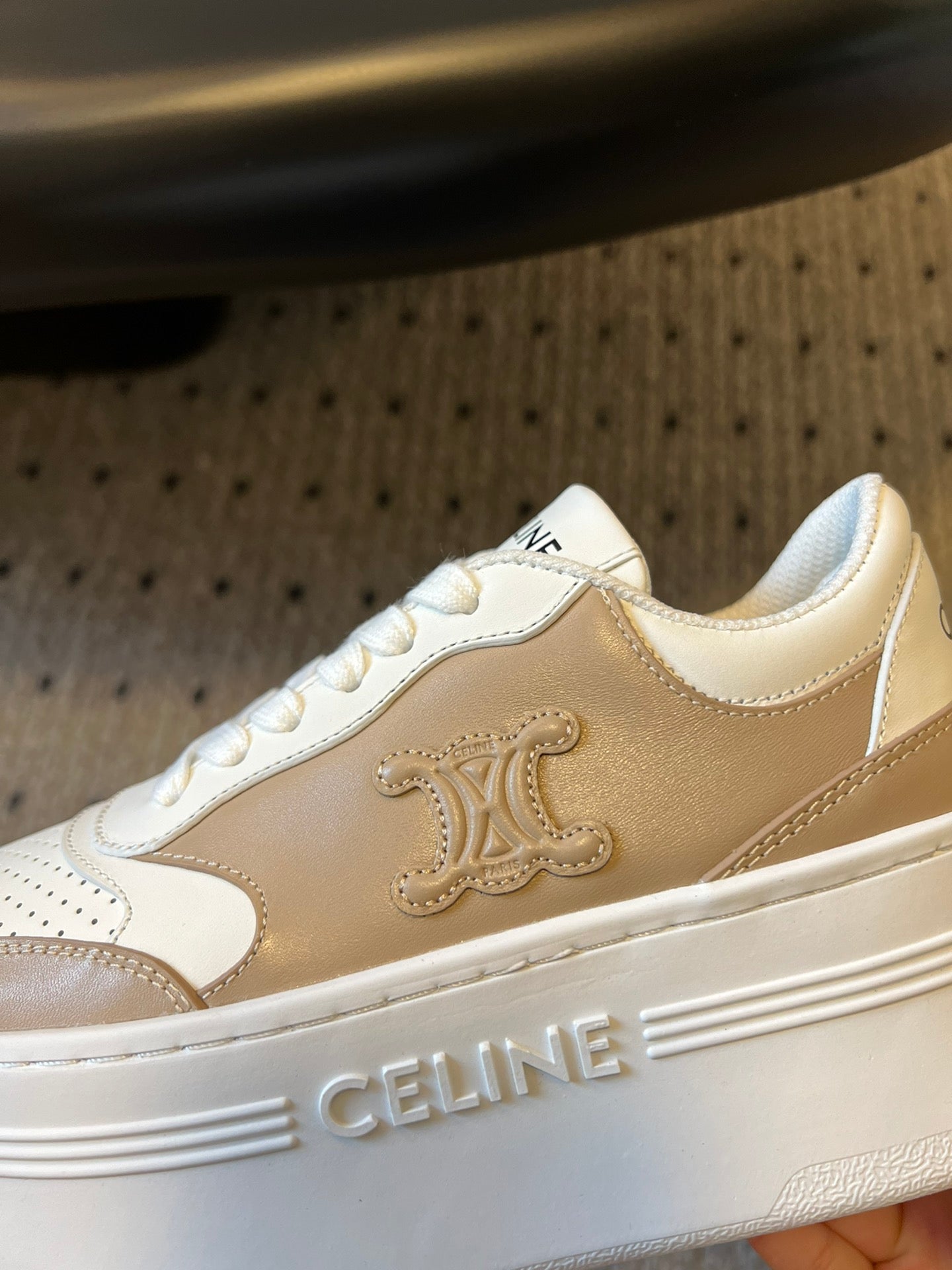 BLOCK SNEAKER WITH TRIOMPHE IN WHITE MIX SAND BROWN CALFSKIN - 35