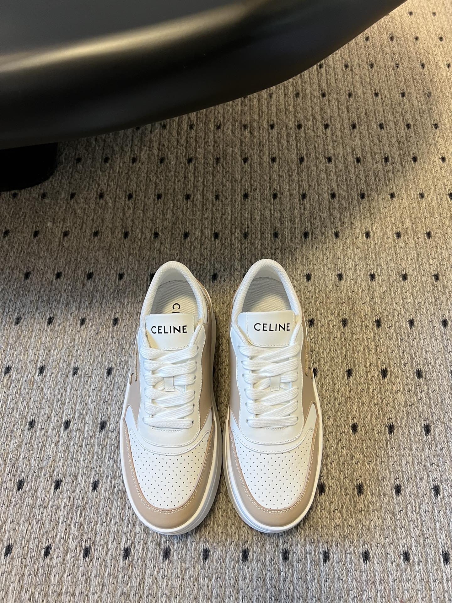 BLOCK SNEAKER WITH TRIOMPHE IN WHITE MIX SAND BROWN CALFSKIN - 35