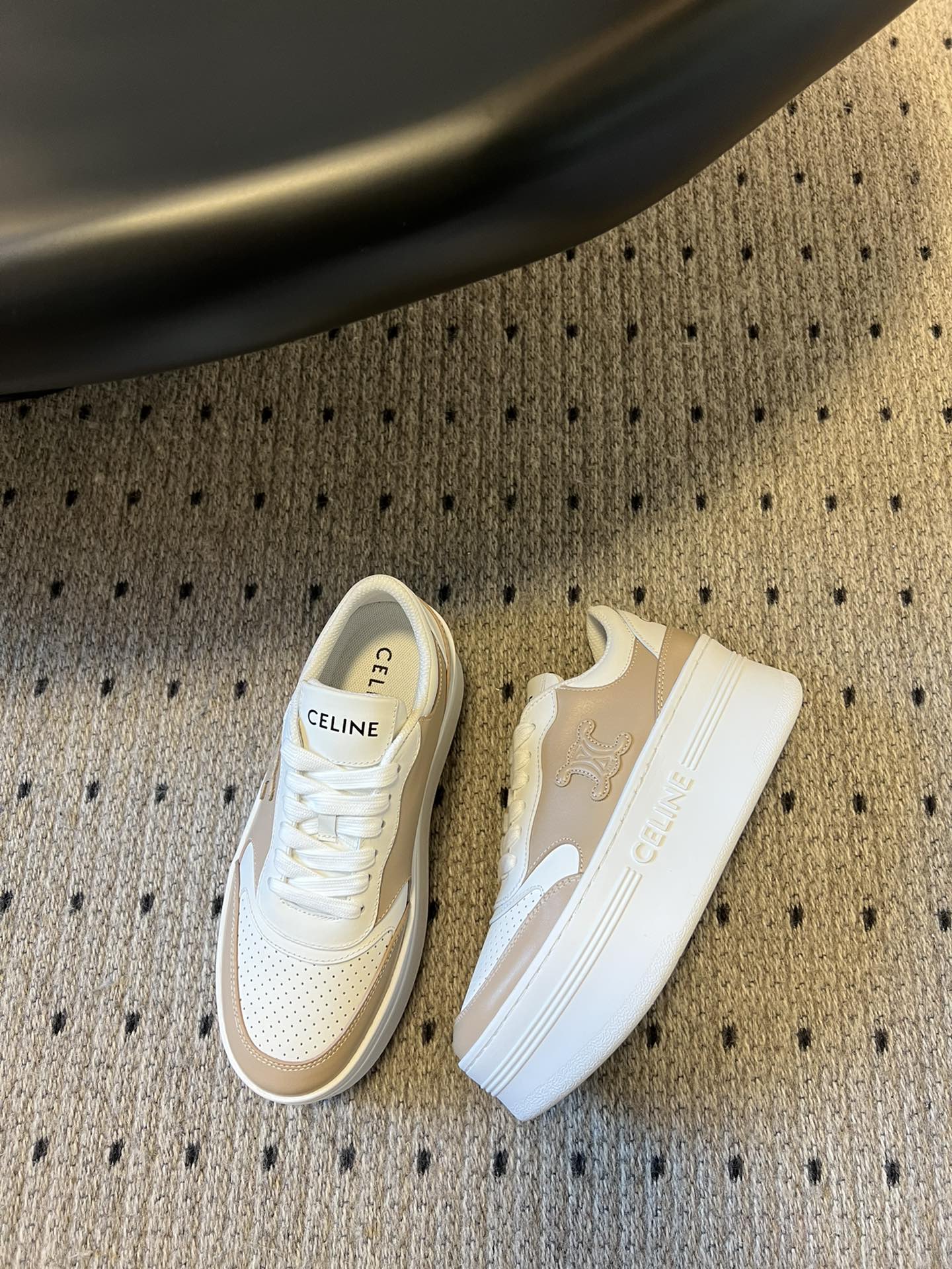BLOCK SNEAKER WITH TRIOMPHE IN WHITE MIX SAND BROWN CALFSKIN - 35