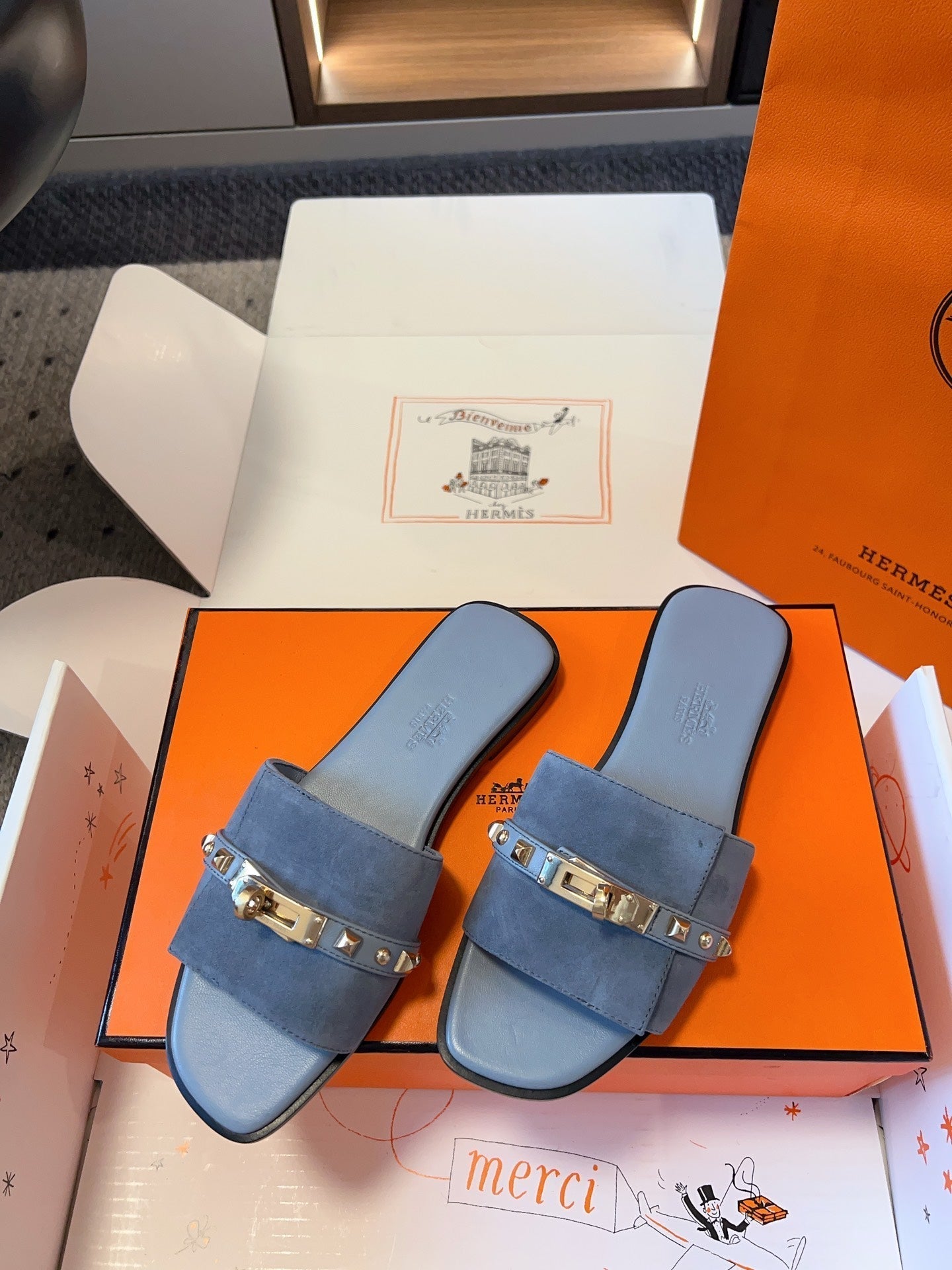 GIULIA FLAT SANDAL IN CERULEAN BLUE SUEDE - 35