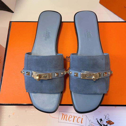 GIULIA FLAT SANDAL IN CERULEAN BLUE SUEDE - 35