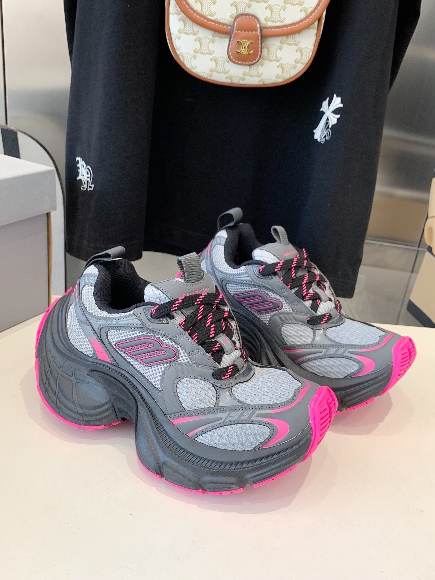 DAD SHOES IN GRAY MIX PINK MESH AND CALFSKIN - 35
