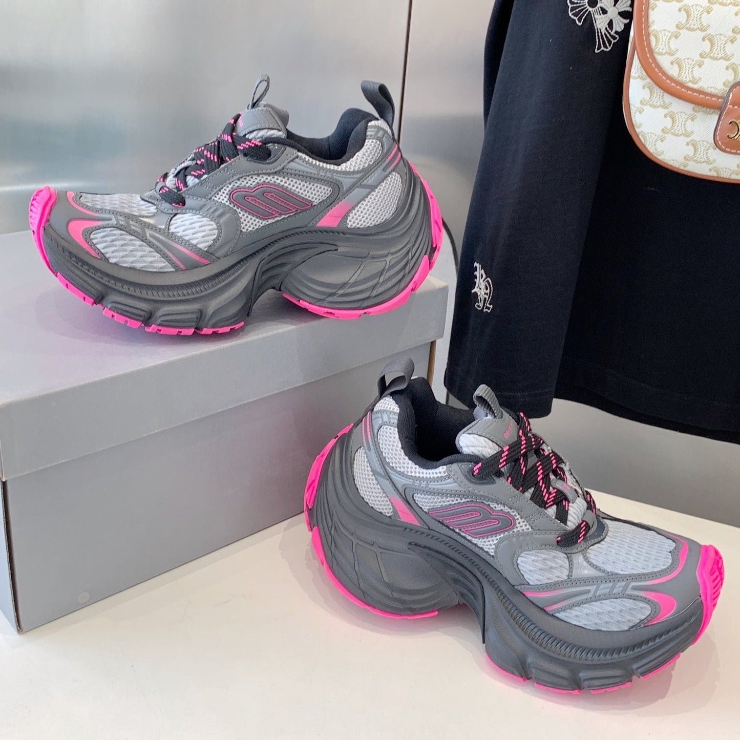 DAD SHOES IN GRAY MIX PINK MESH AND CALFSKIN - 35