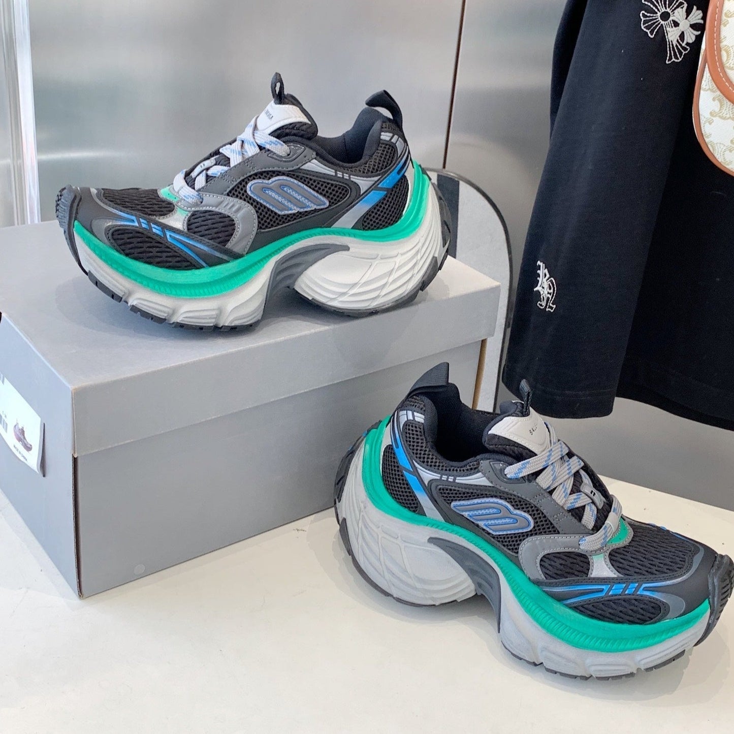 DAD SHOES IN GRAY MIX MINT GREEN AND BLUE MESH AND CALFSKIN - 35