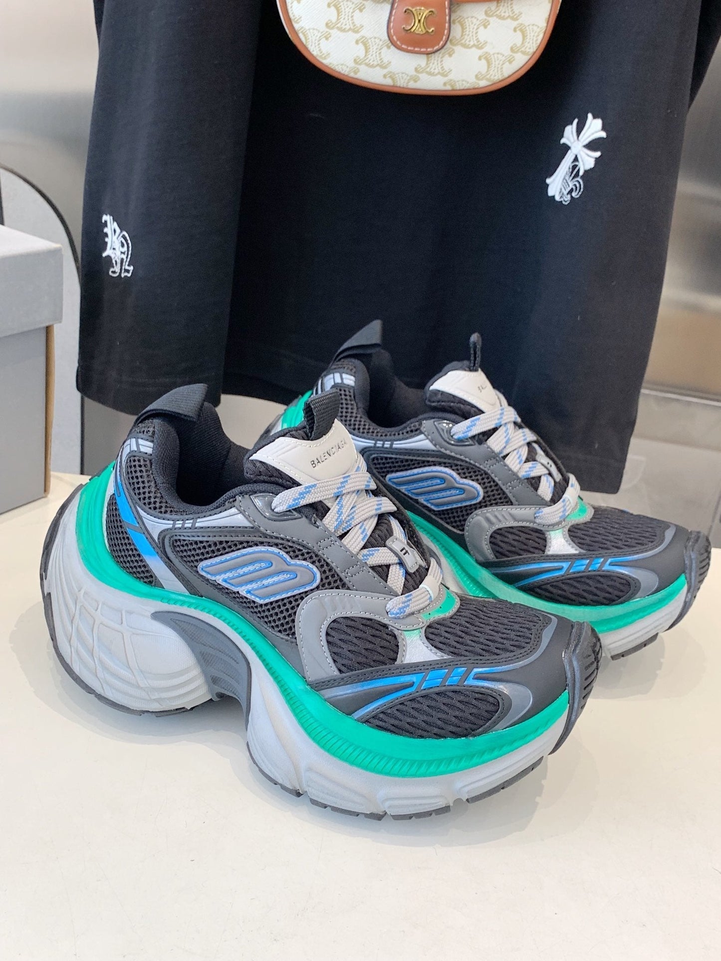 DAD SHOES IN GRAY MIX MINT GREEN AND BLUE MESH AND CALFSKIN - 35