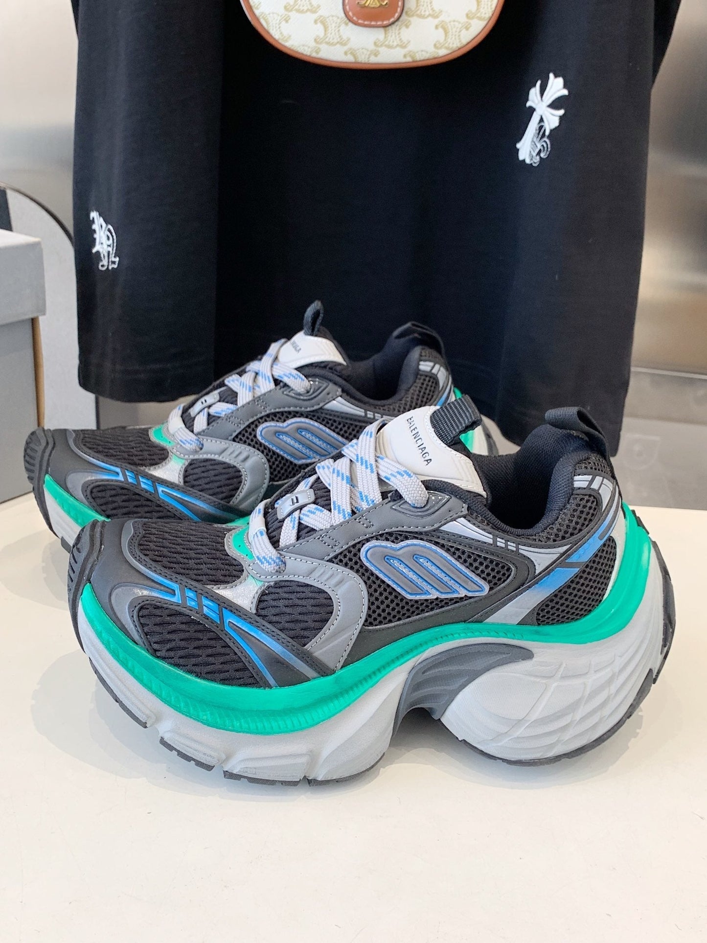 DAD SHOES IN GRAY MIX MINT GREEN AND BLUE MESH AND CALFSKIN - 35