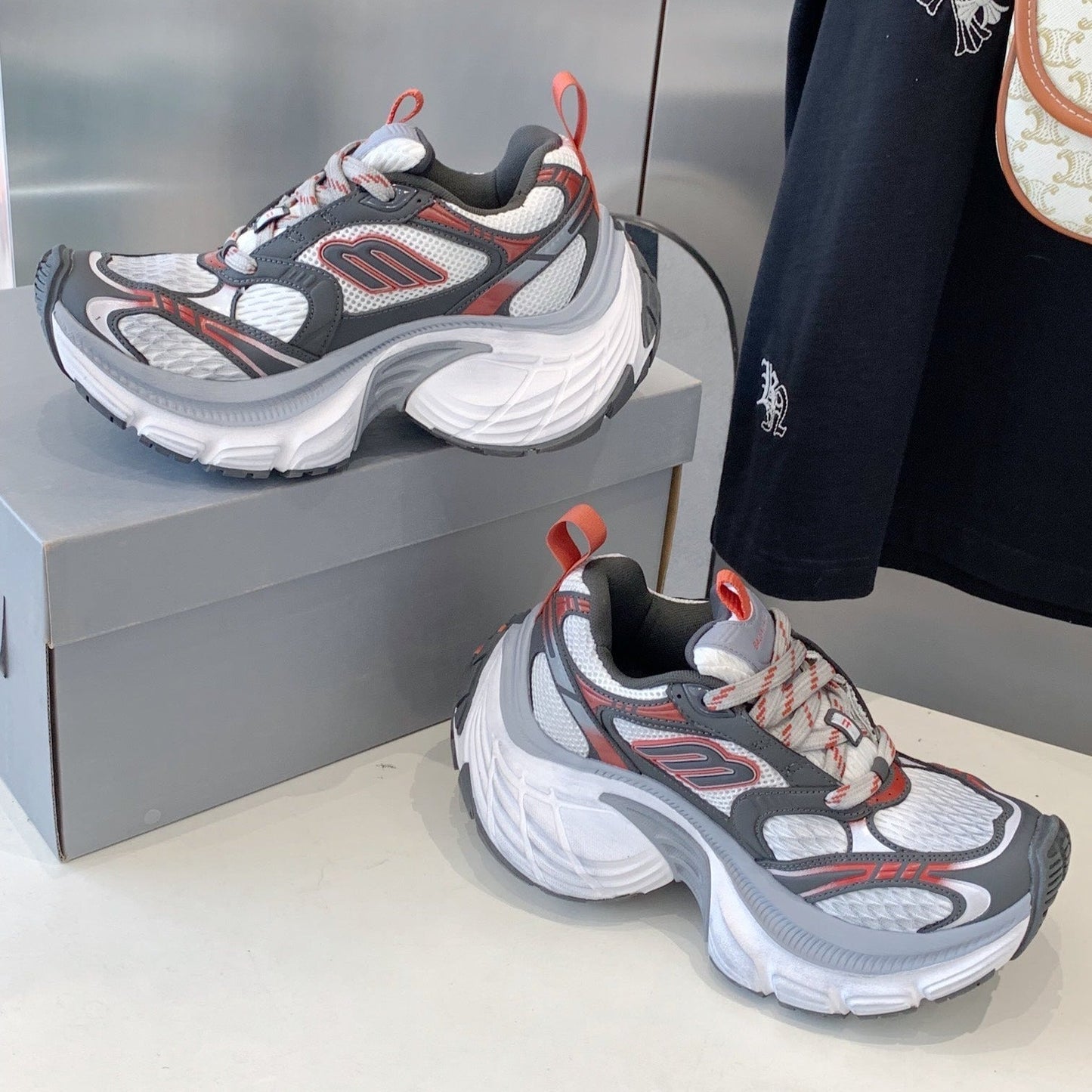 DAD SHOES IN GREY RED WHITE MESH AND CALFSKIN - 35