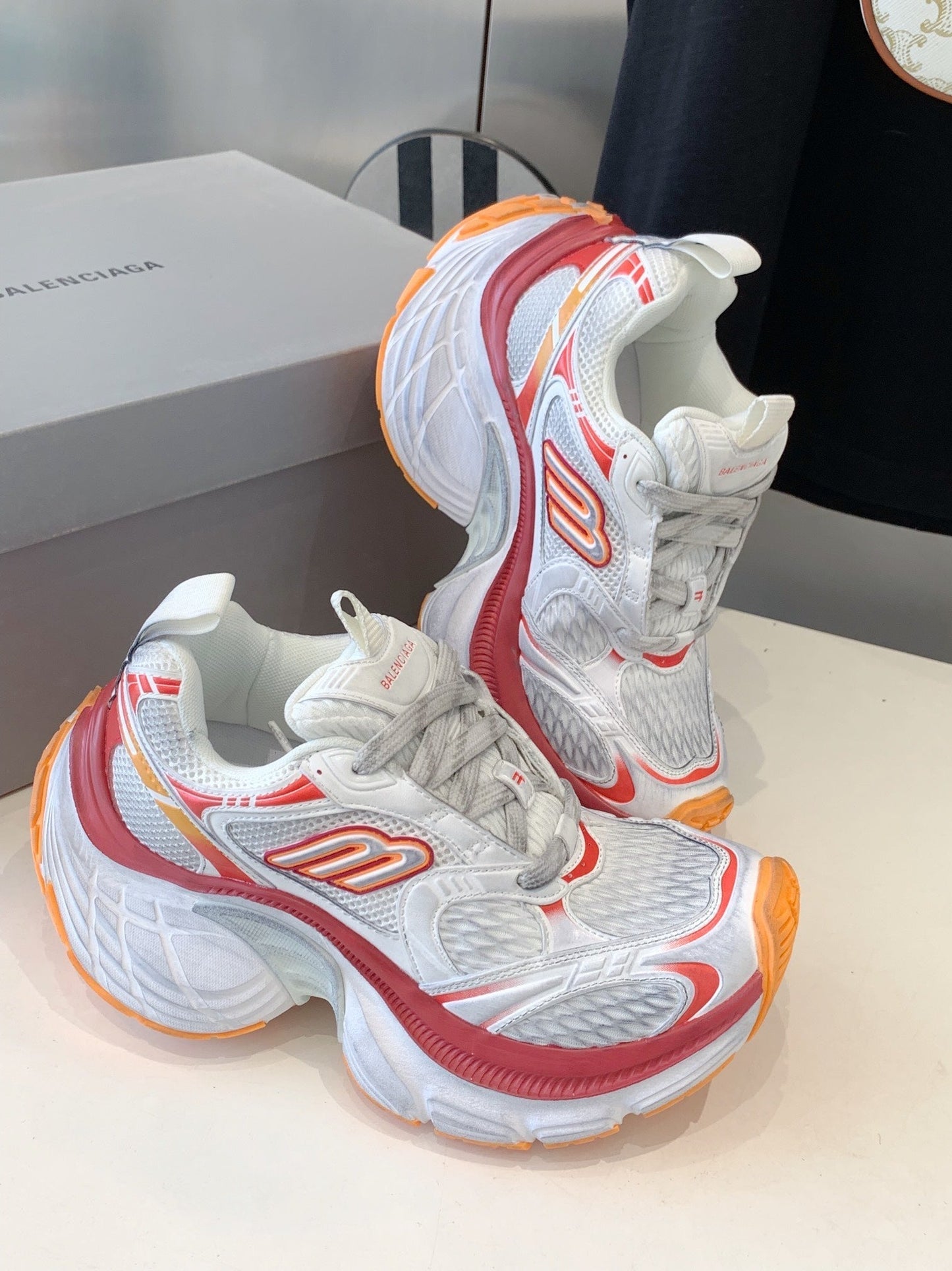 DAD SHOES IN RED ORANGE AND DUST WHITE MESH AND CALFSKIN - 35