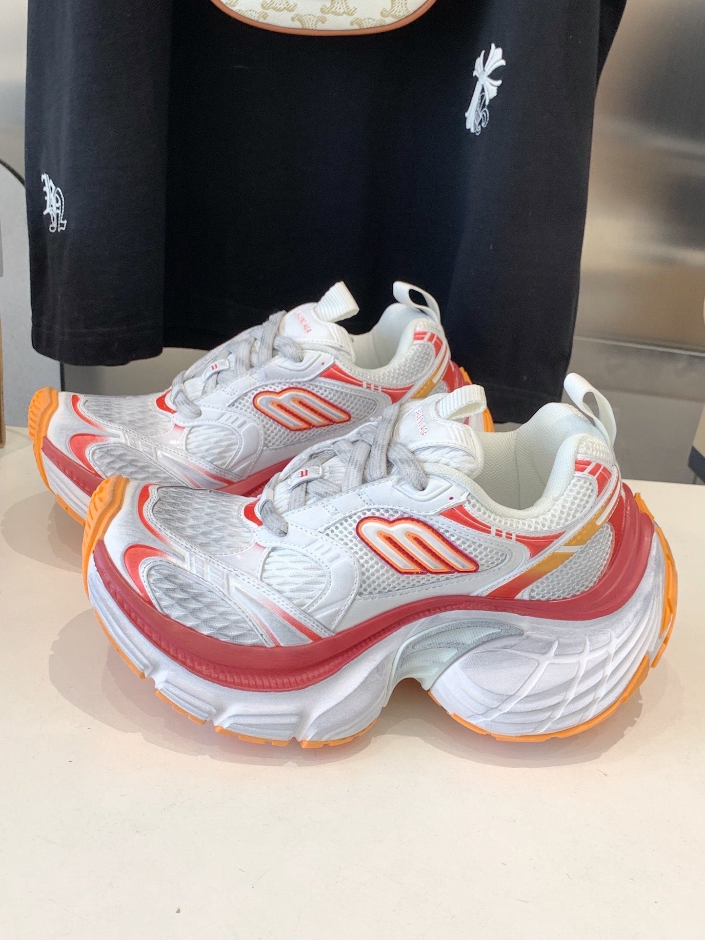 DAD SHOES IN RED ORANGE AND DUST WHITE MESH AND CALFSKIN - 35