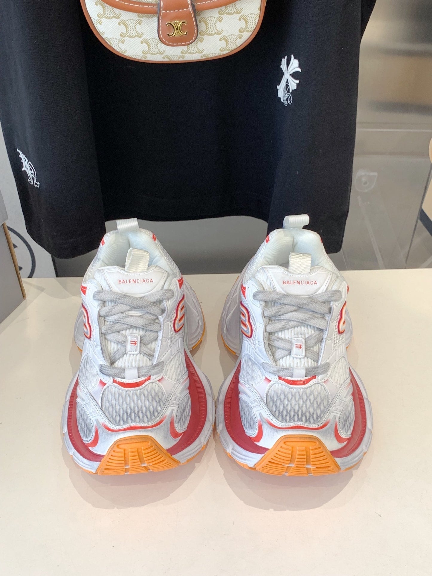DAD SHOES IN RED ORANGE AND DUST WHITE MESH AND CALFSKIN - 35