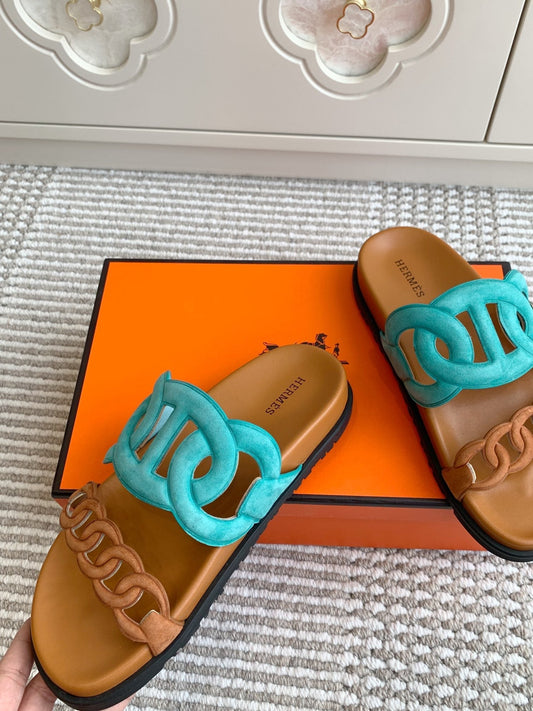 HM 26S EXTRA SANDAL IN AQUA BLUE MIX CARAMEL BROWN CALFSKIN AND SUEDE