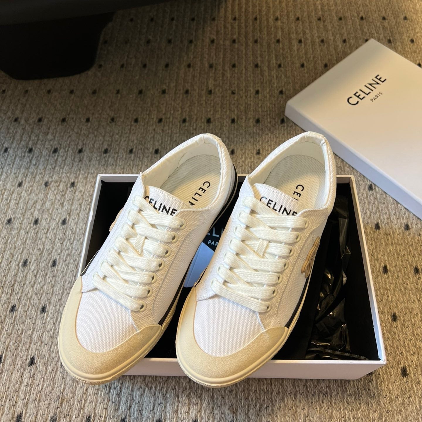 TRAINER LOW LACE-UP SNEAKER IN WHITE MIX BEIGE CANVAS - 35