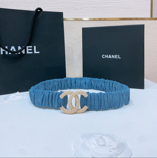 DOUBLE C ELASTIC BELT 30MM IN BLUE DENIM GOLD BUCKLE EMBOSSED CRYSTAL