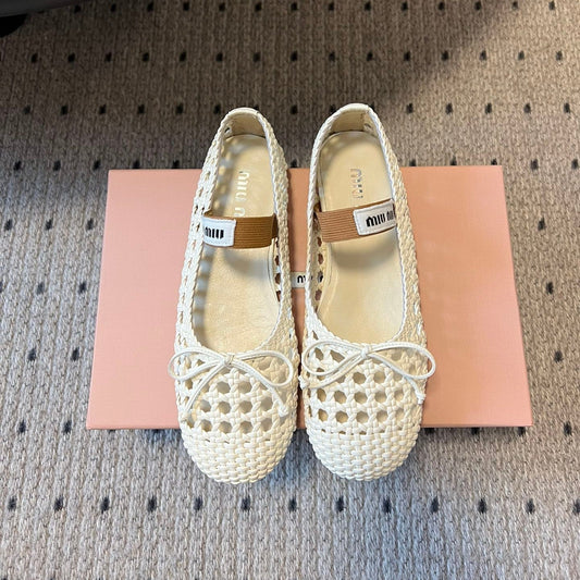 MIUMIU 26S БАЛЕТКИ З КРЕМОВО-БІЛОЇ СІТЧАСТОЇ ОВЕЧОЇ ШКІРИ